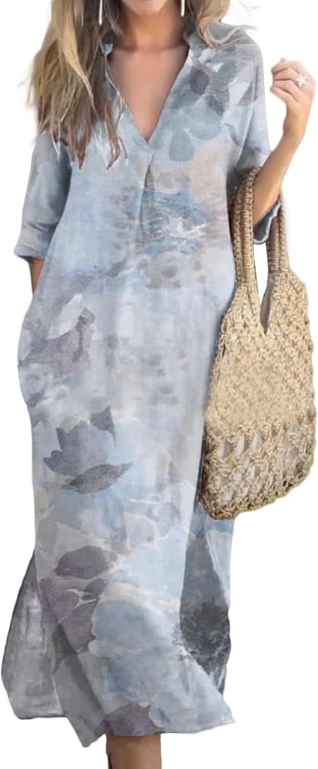 Womens Summer Floral V Neck Maxi Dress 3/4 Sleeve Casual Loose Flowy Long Dress with Pockets