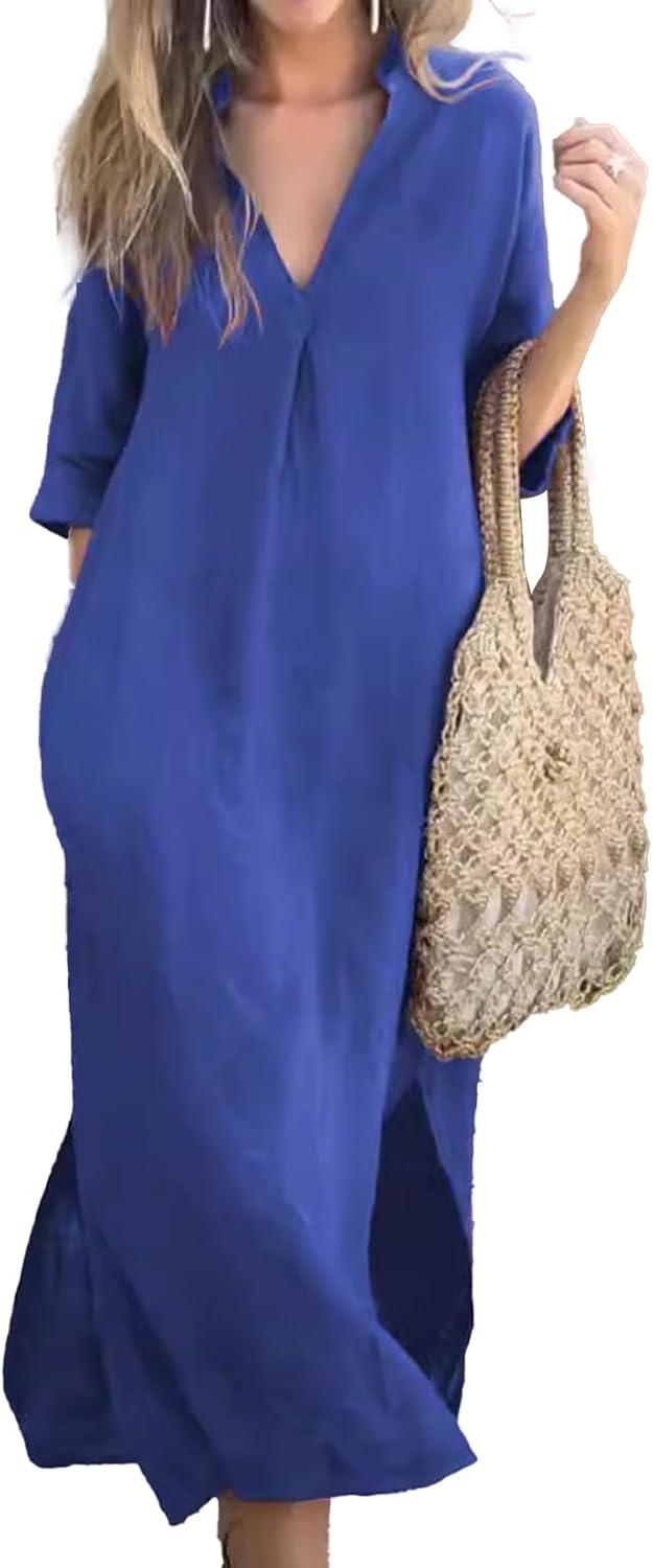 Womens Summer Floral V Neck Maxi Dress 3/4 Sleeve Casual Loose Flowy Long Dress with Pockets