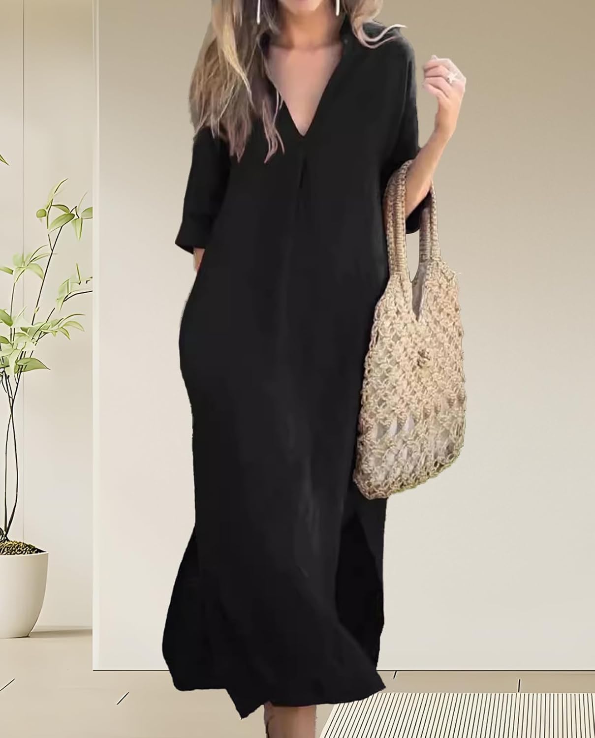 Womens Summer Floral V Neck Maxi Dress 3/4 Sleeve Casual Loose Flowy Long Dress with Pockets