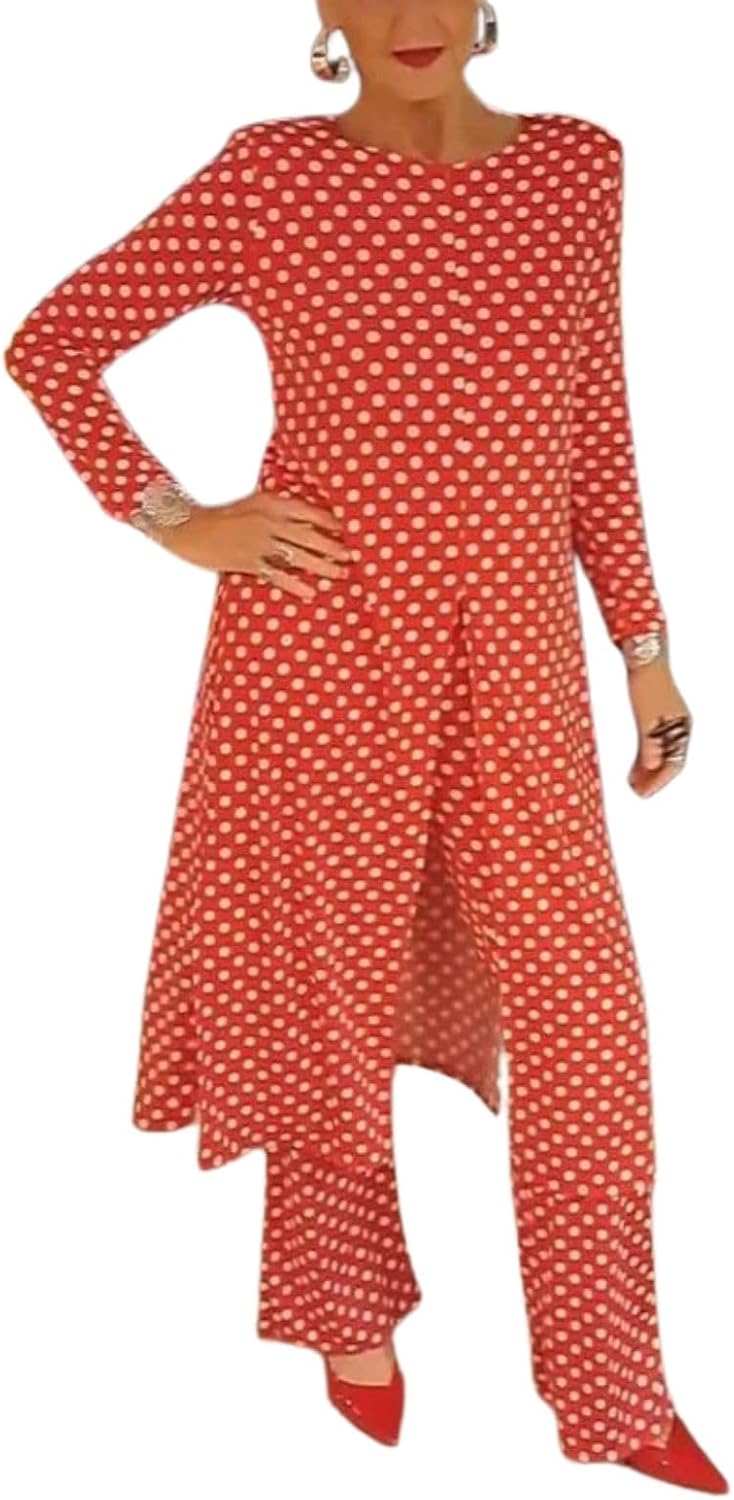 Womens Polka Dot Pant Suit 2 Piece Outfits Fall Long Tunic Tops and Wide Leg Pants Sets Matching Sets Women Clothing