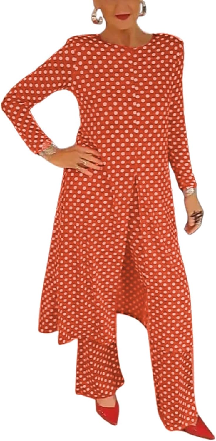 Womens Polka Dot Pant Suit 2 Piece Outfits Fall Long Tunic Tops and Wide Leg Pants Sets Matching Sets Women Clothing