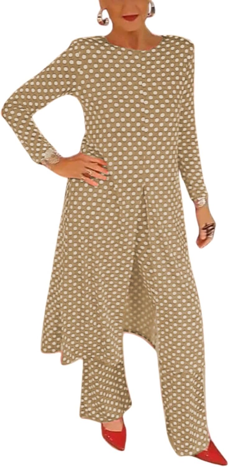 Womens Polka Dot Pant Suit 2 Piece Outfits Fall Long Tunic Tops and Wide Leg Pants Sets Matching Sets Women Clothing