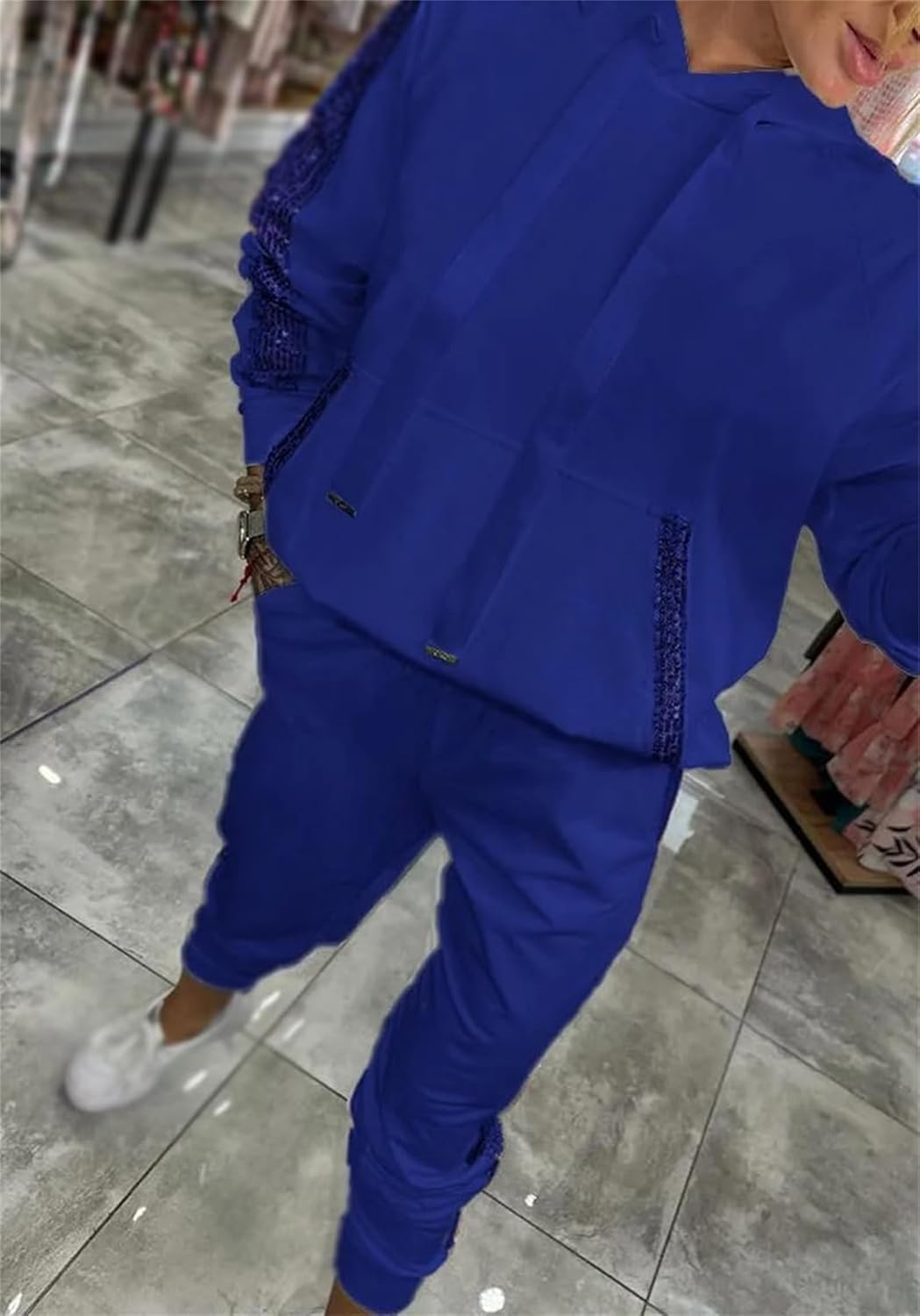 Women's Hooded Long Sequined Casual Suit, Sequin Two Piece Set for Women, Sweatshirt and Sequin Joggers with Pockets