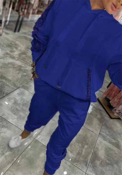 Women's Hooded Long Sequined Casual Suit, Sequin Two Piece Set for Women, Sweatshirt and Sequin Joggers with Pockets
