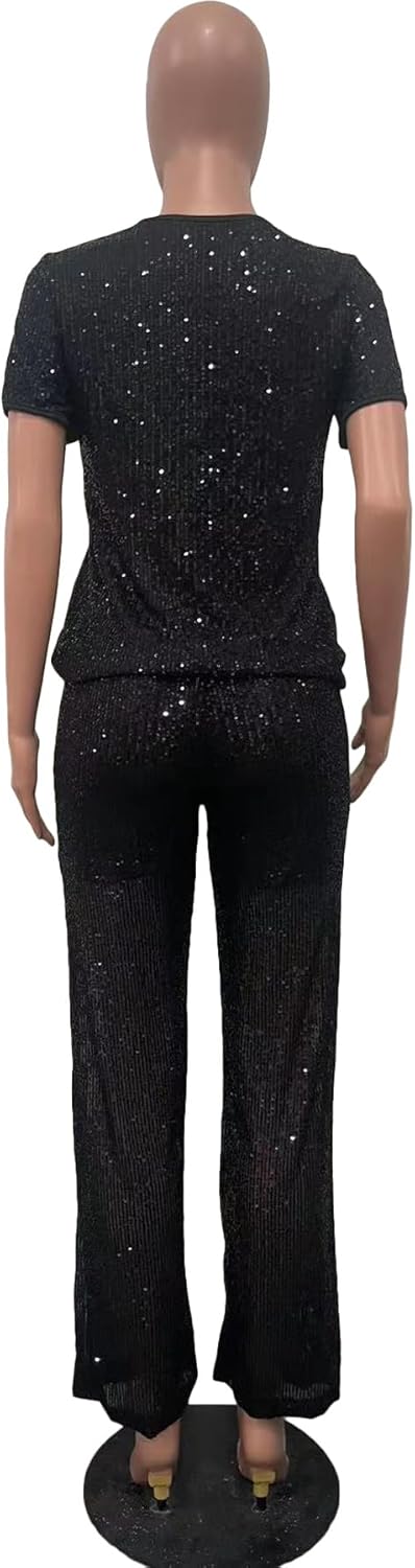Women's Sparkling Sequin T-shirt and Pants Set Round Neck Short Sleeve Top Straight Leg Loose Pants Party Outfit