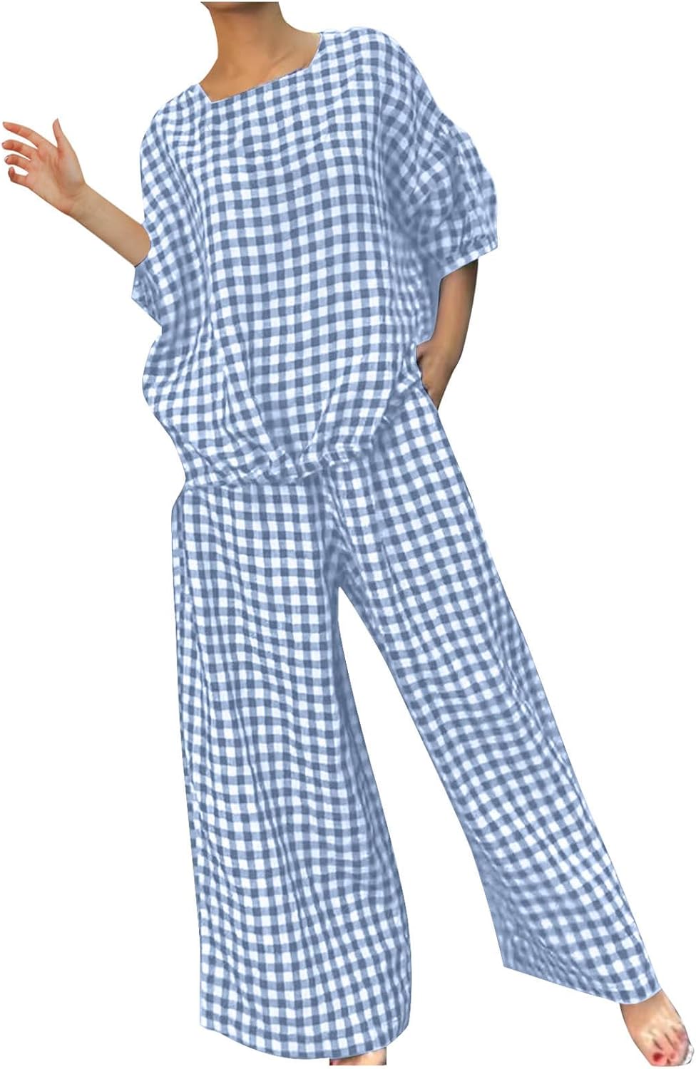 Womens 2 Piece Outfits Crew Neck Half Sleeve Button Back Shirt Tops High Waist Wide Leg Pants Lounge Linen Plaid Sets