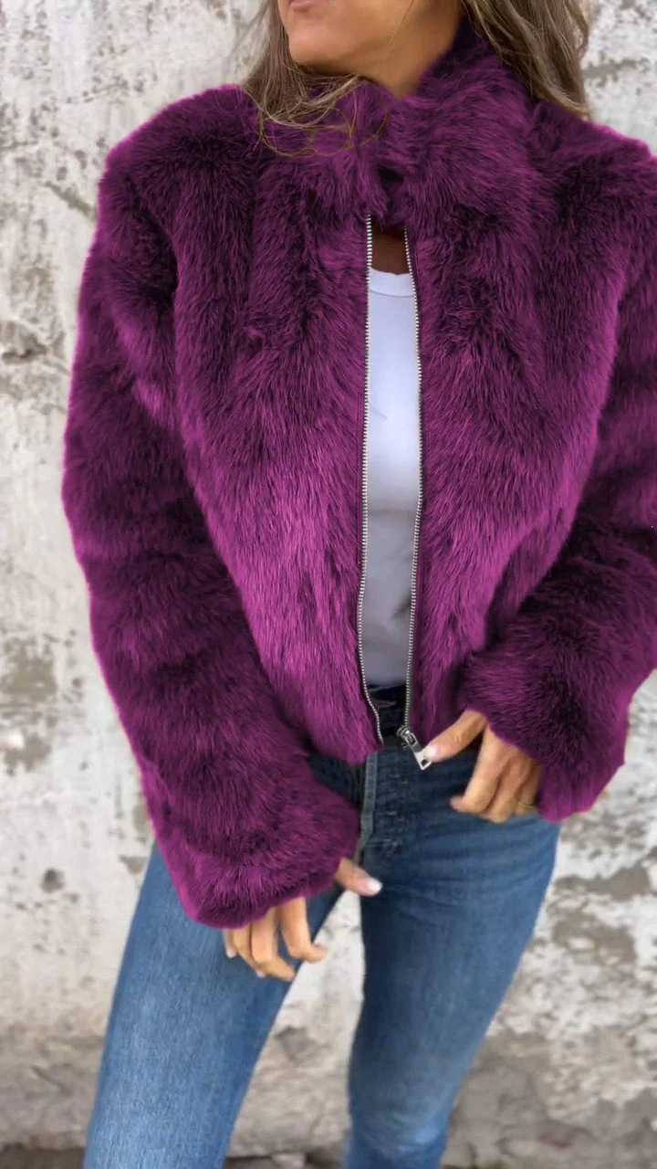 Autumn And Winter Women'S Imitation Fur Turtleneck Zipper Casual Top Jacket