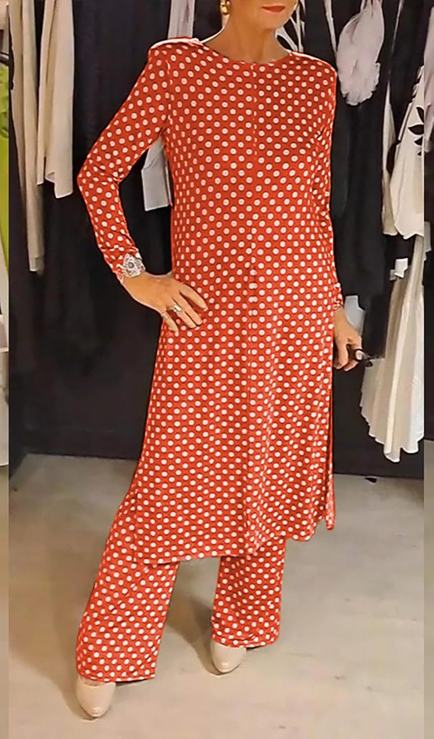 Womens Polka Dot Pant Suit 2 Piece Outfits Fall Long Tunic Tops and Wide Leg Pants Sets Matching Sets Women Clothing