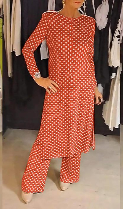 Womens Polka Dot Pant Suit 2 Piece Outfits Fall Long Tunic Tops and Wide Leg Pants Sets Matching Sets Women Clothing