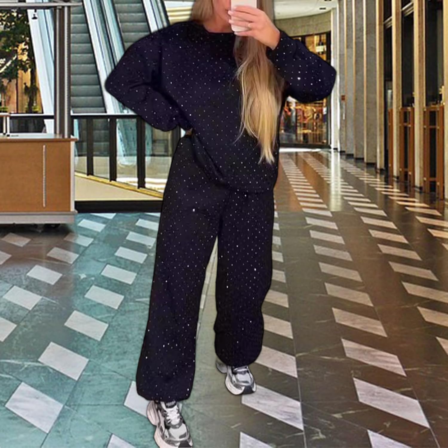 Women‘s 2 Piece Sweatsuits Glitter Sequin Long Sleeve Crewneck Trendy Tracksuits Casual Comfy Fall Lounge Sets