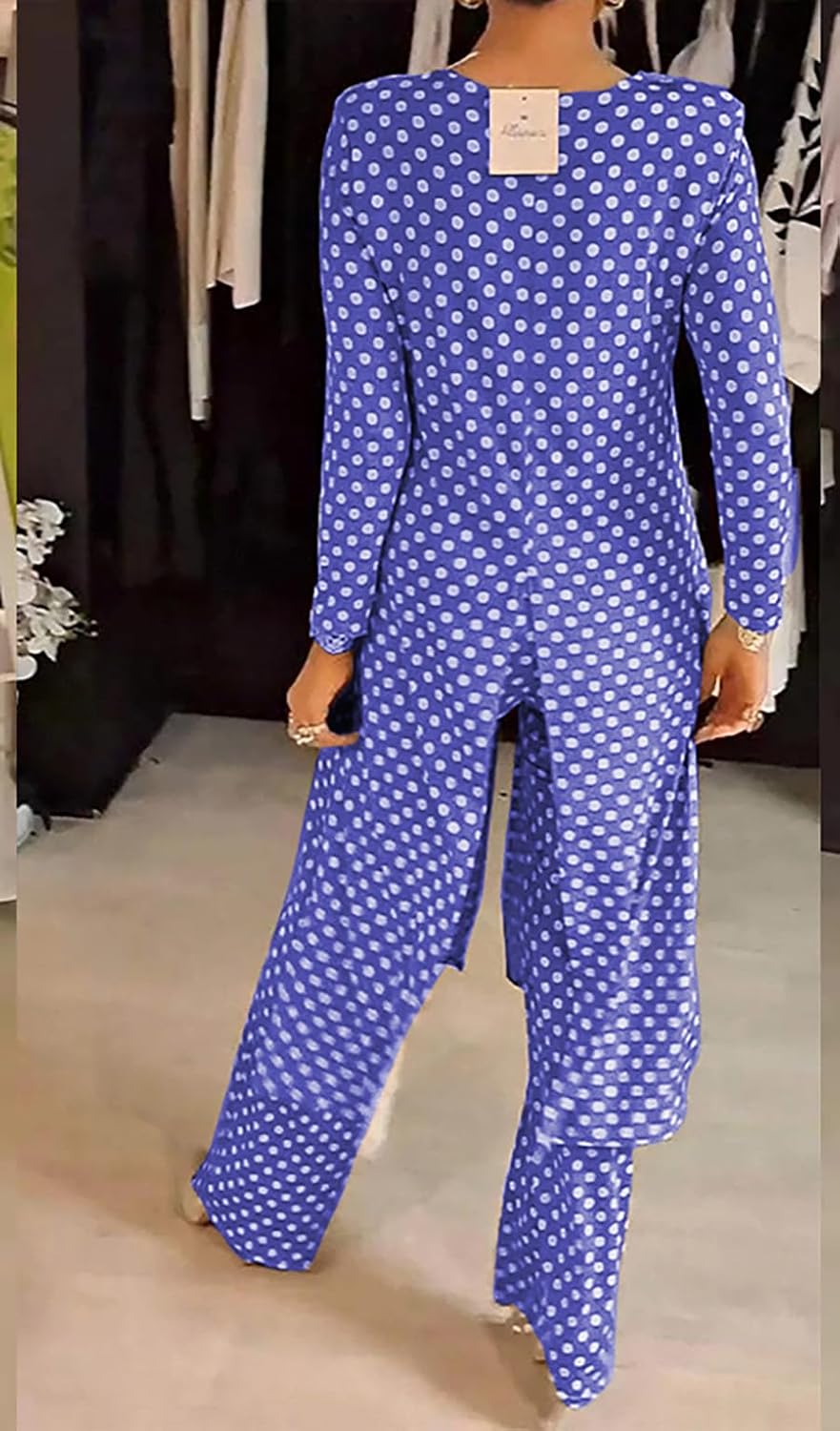 Womens Polka Dot Pant Suit 2 Piece Outfits Fall Long Tunic Tops and Wide Leg Pants Sets Matching Sets Women Clothing