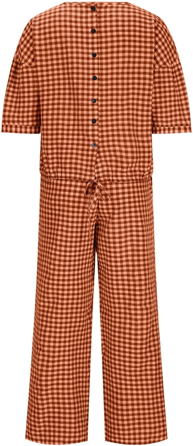Womens 2 Piece Outfits Crew Neck Half Sleeve Button Back Shirt Tops High Waist Wide Leg Pants Lounge Linen Plaid Sets