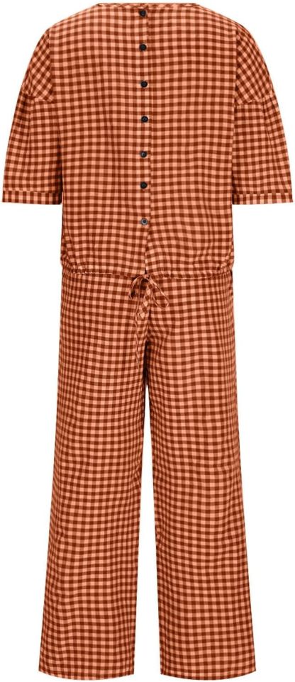Womens 2 Piece Outfits Crew Neck Half Sleeve Button Back Shirt Tops High Waist Wide Leg Pants Lounge Linen Plaid Sets