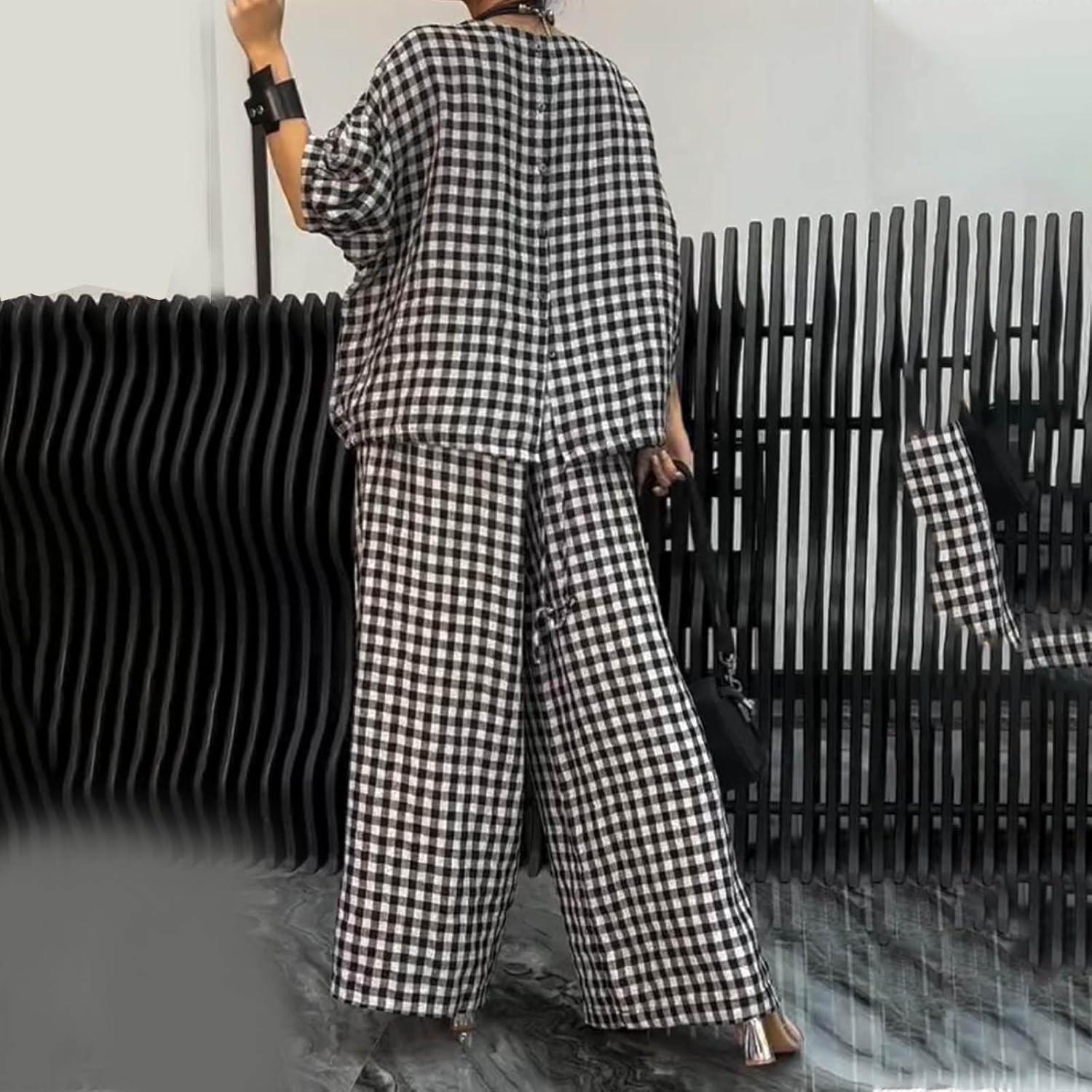 Womens 2 Piece Outfits Crew Neck Half Sleeve Button Back Shirt Tops High Waist Wide Leg Pants Lounge Linen Plaid Sets