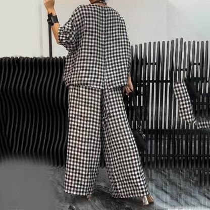 Womens 2 Piece Outfits Crew Neck Half Sleeve Button Back Shirt Tops High Waist Wide Leg Pants Lounge Linen Plaid Sets