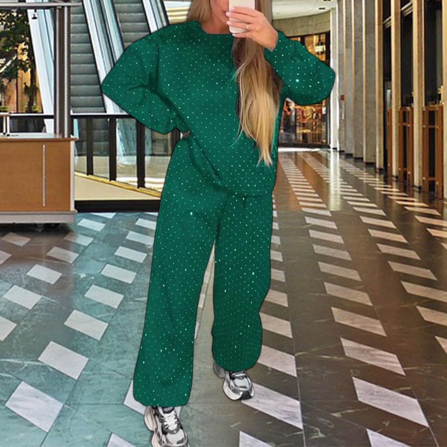 Women‘s 2 Piece Sweatsuits Glitter Sequin Long Sleeve Crewneck Trendy Tracksuits Casual Comfy Fall Lounge Sets