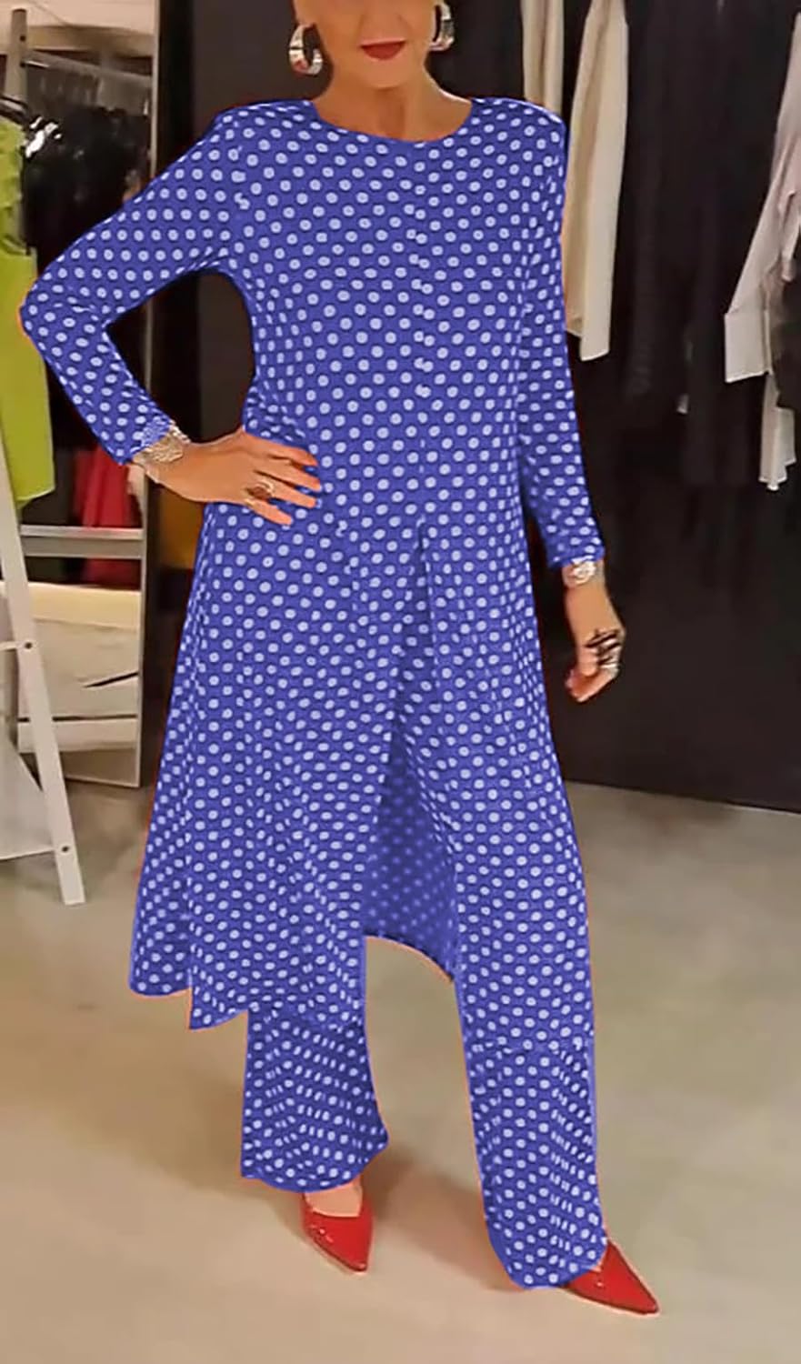 Womens Polka Dot Pant Suit 2 Piece Outfits Fall Long Tunic Tops and Wide Leg Pants Sets Matching Sets Women Clothing