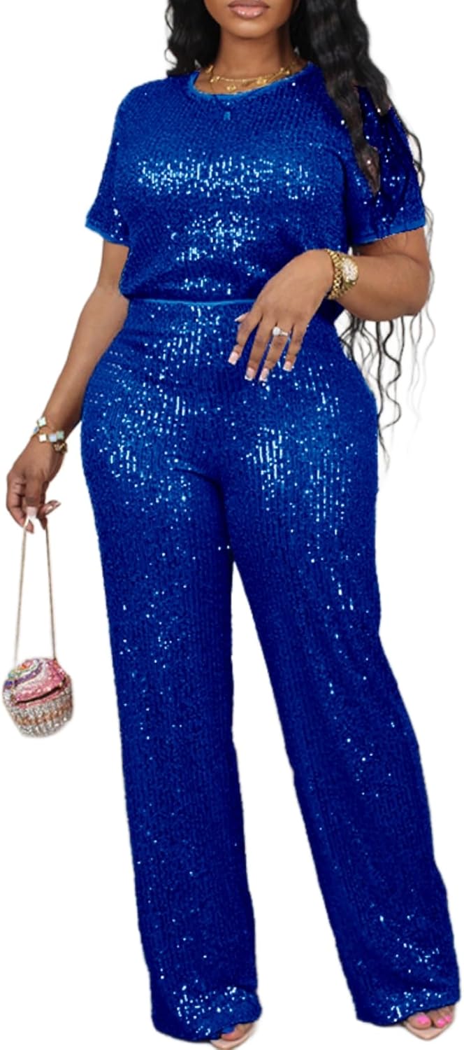 Women's Sparkling Sequin T-shirt and Pants Set Round Neck Short Sleeve Top Straight Leg Loose Pants Party Outfit