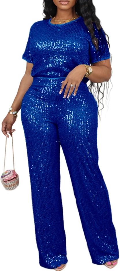 Women's Sparkling Sequin T-shirt and Pants Set Round Neck Short Sleeve Top Straight Leg Loose Pants Party Outfit