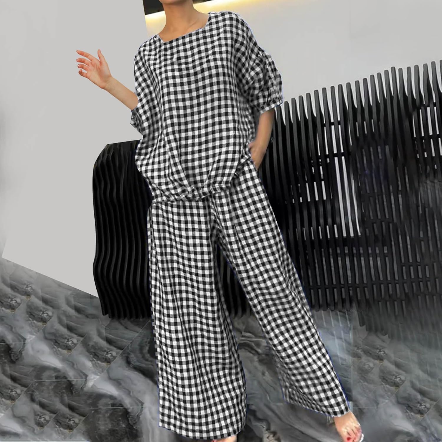 Womens 2 Piece Outfits Crew Neck Half Sleeve Button Back Shirt Tops High Waist Wide Leg Pants Lounge Linen Plaid Sets