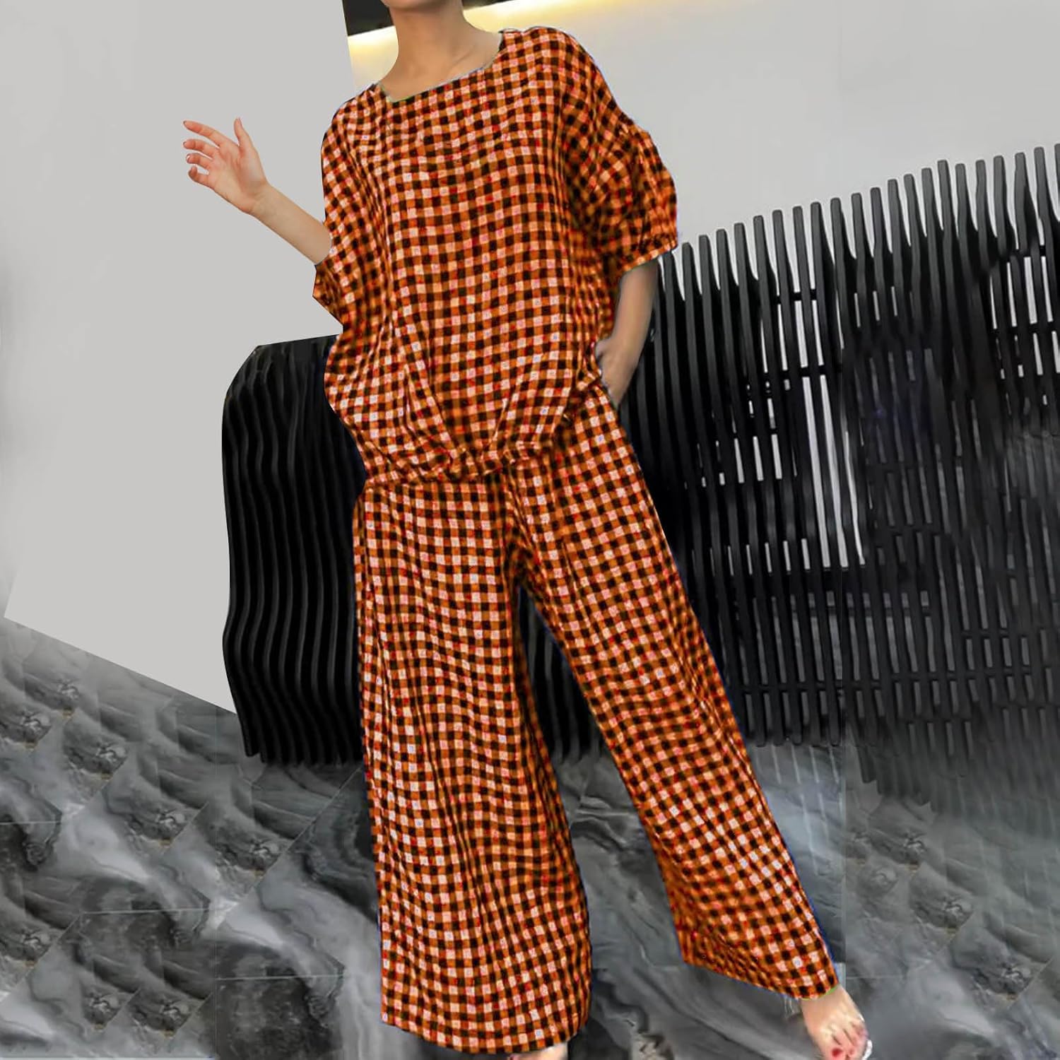 Womens 2 Piece Outfits Crew Neck Half Sleeve Button Back Shirt Tops High Waist Wide Leg Pants Lounge Linen Plaid Sets