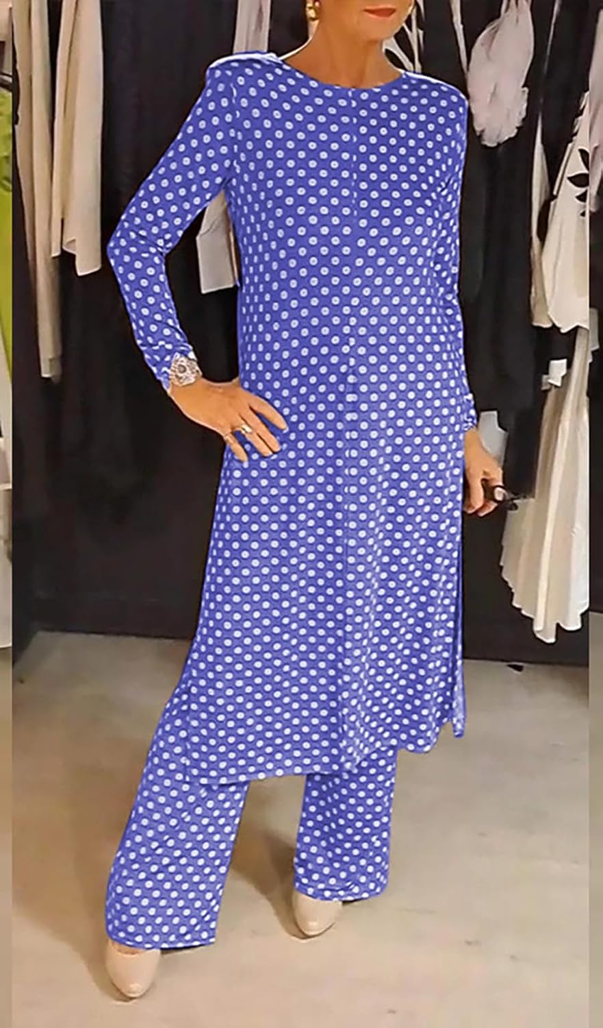 Womens Polka Dot Pant Suit 2 Piece Outfits Fall Long Tunic Tops and Wide Leg Pants Sets Matching Sets Women Clothing