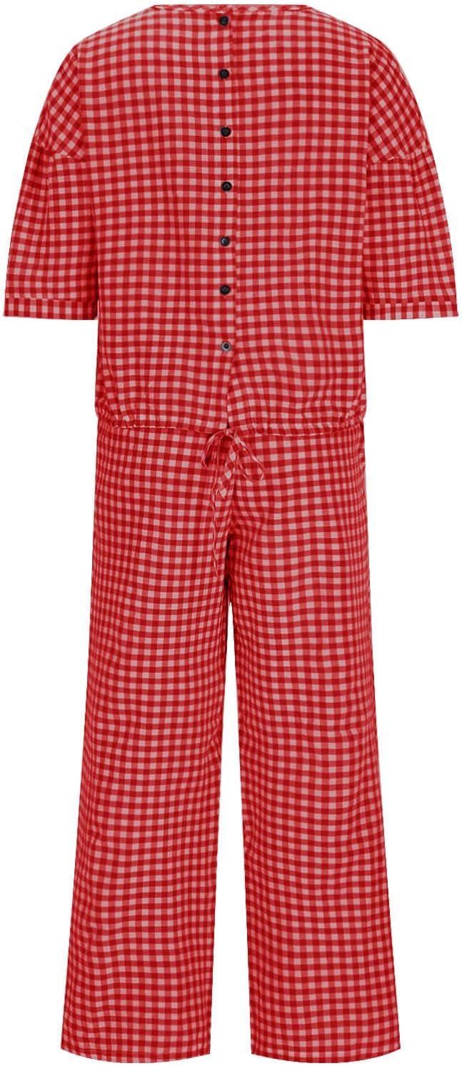 Womens 2 Piece Outfits Crew Neck Half Sleeve Button Back Shirt Tops High Waist Wide Leg Pants Lounge Linen Plaid Sets
