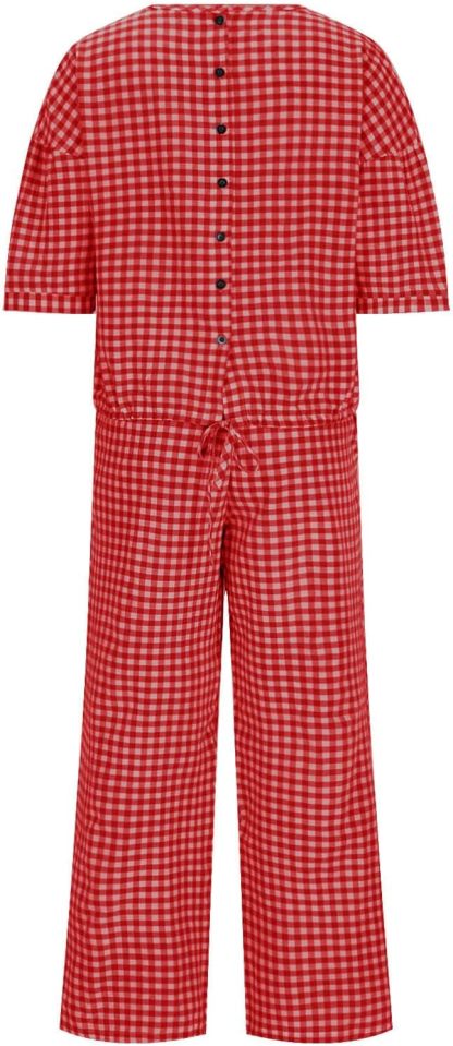 Womens 2 Piece Outfits Crew Neck Half Sleeve Button Back Shirt Tops High Waist Wide Leg Pants Lounge Linen Plaid Sets