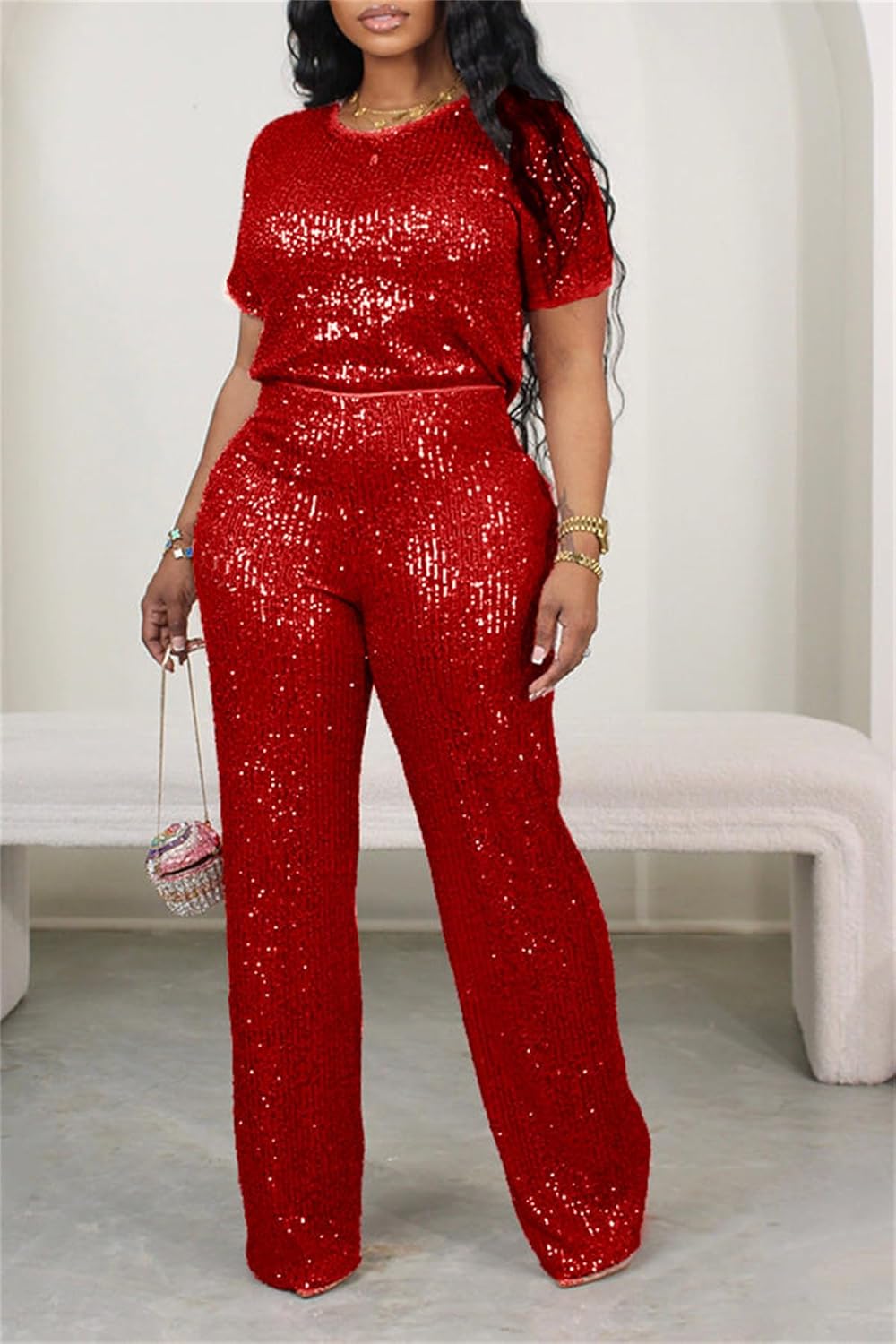 Women's Sparkling Sequin T-shirt and Pants Set Round Neck Short Sleeve Top Straight Leg Loose Pants Party Outfit
