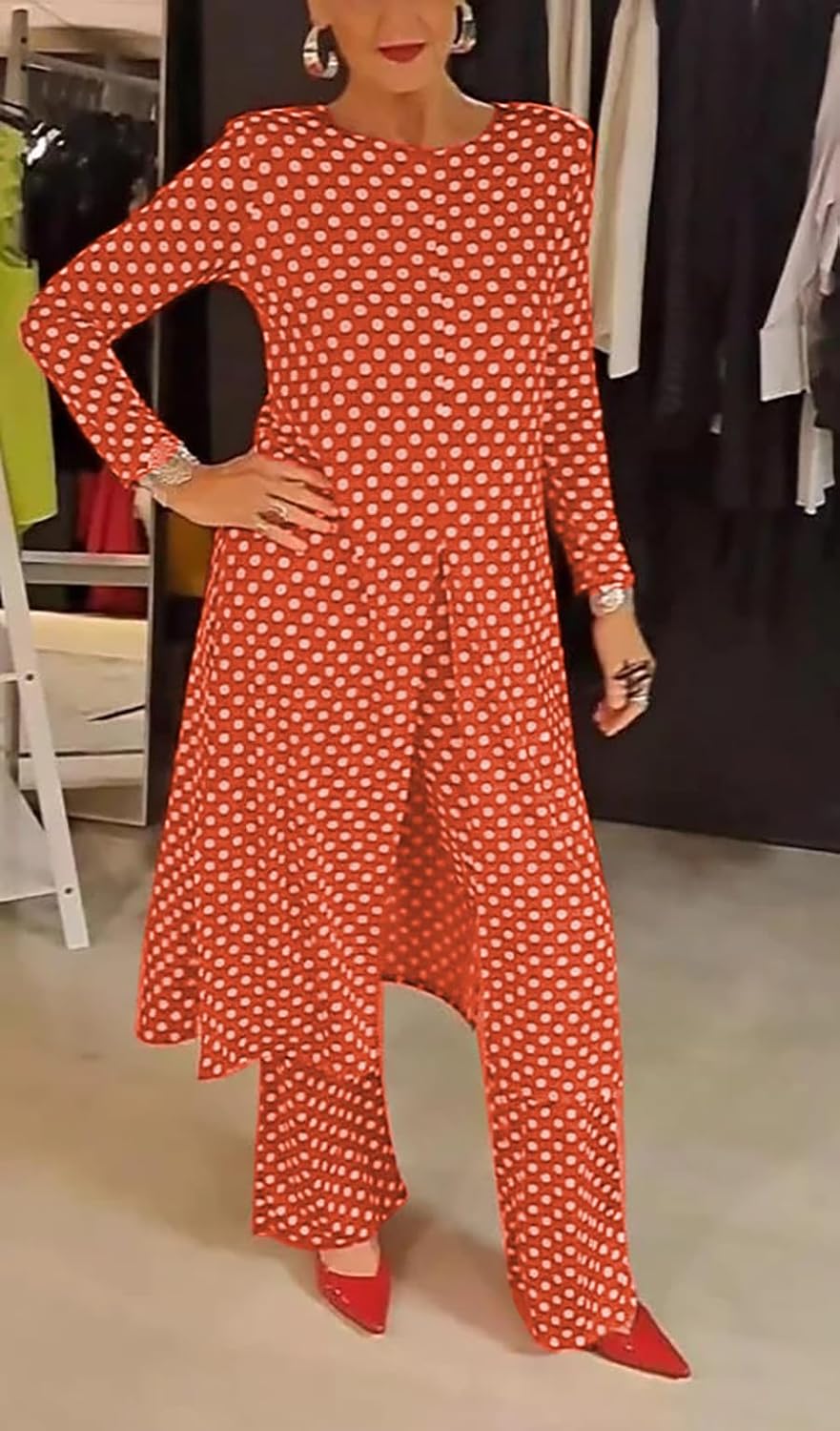 Womens Polka Dot Pant Suit 2 Piece Outfits Fall Long Tunic Tops and Wide Leg Pants Sets Matching Sets Women Clothing