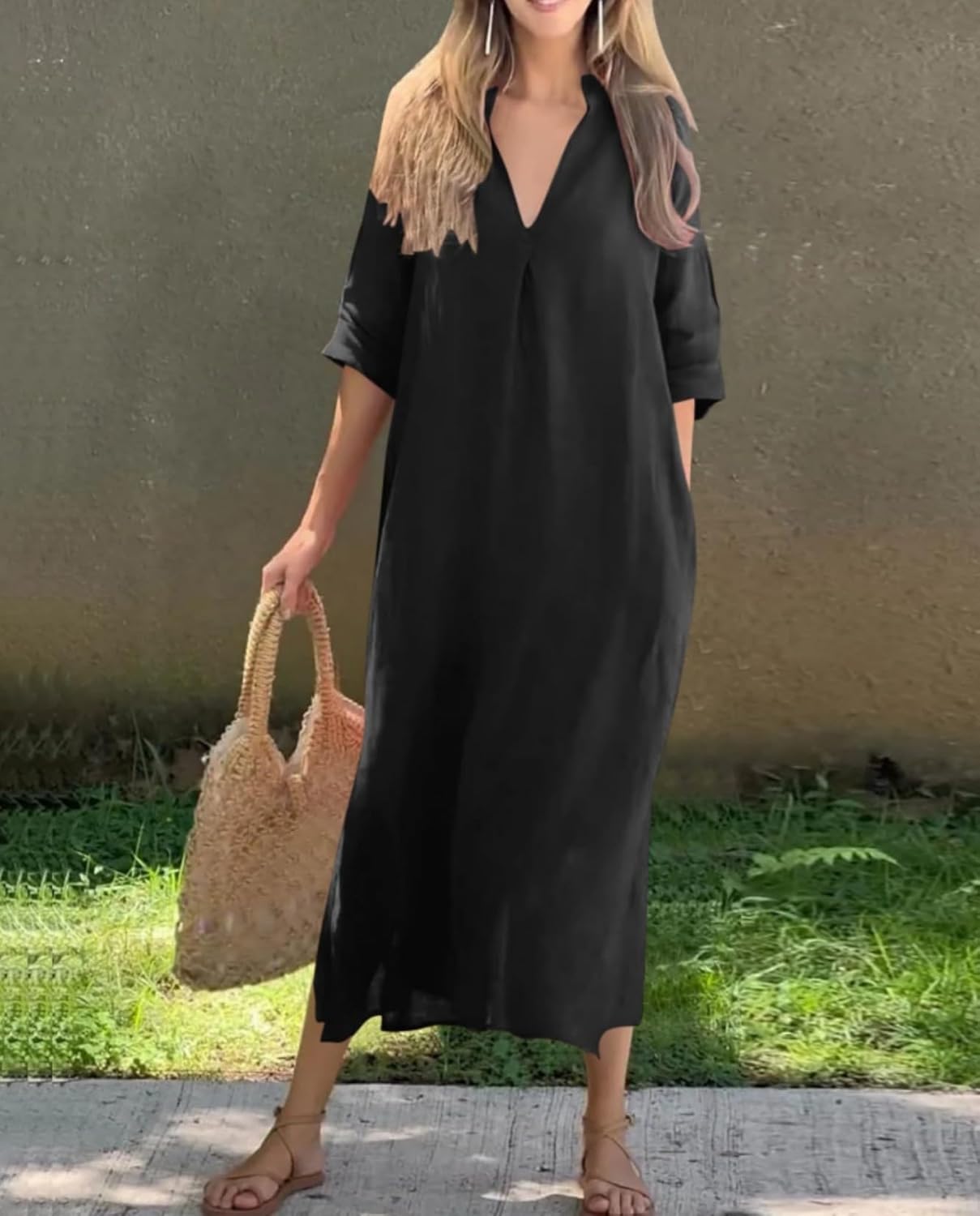 Womens Summer Floral V Neck Maxi Dress 3/4 Sleeve Casual Loose Flowy Long Dress with Pockets