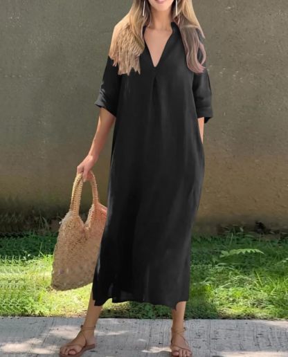 Womens Summer Floral V Neck Maxi Dress 3/4 Sleeve Casual Loose Flowy Long Dress with Pockets