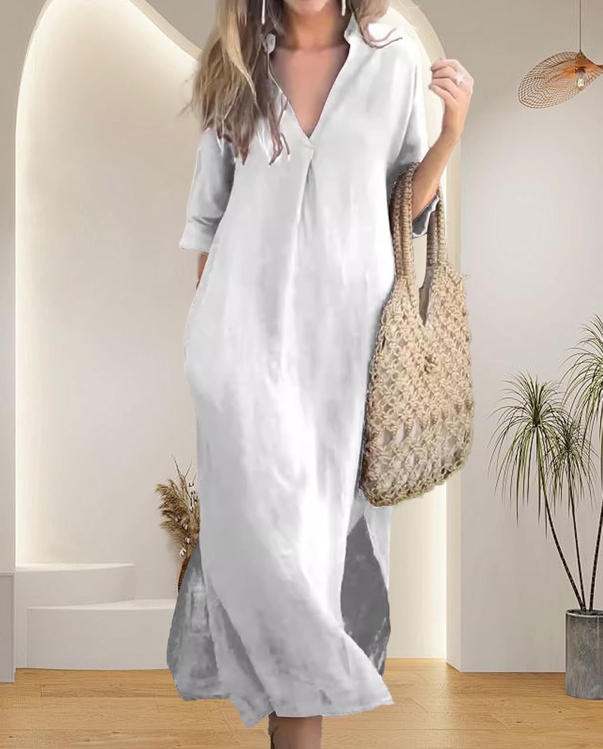 Womens Summer Floral V Neck Maxi Dress 3/4 Sleeve Casual Loose Flowy Long Dress with Pockets