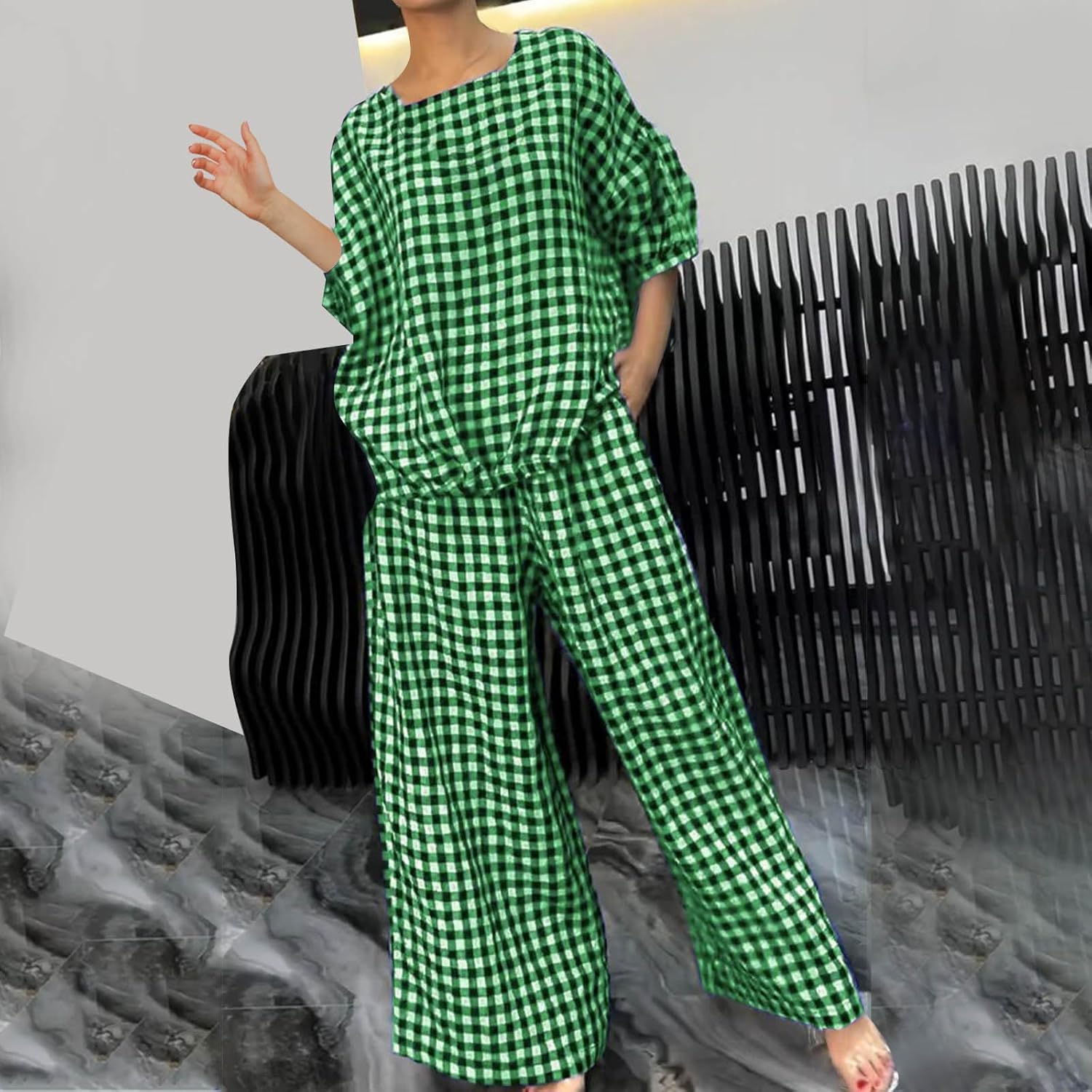 Womens 2 Piece Outfits Crew Neck Half Sleeve Button Back Shirt Tops High Waist Wide Leg Pants Lounge Linen Plaid Sets