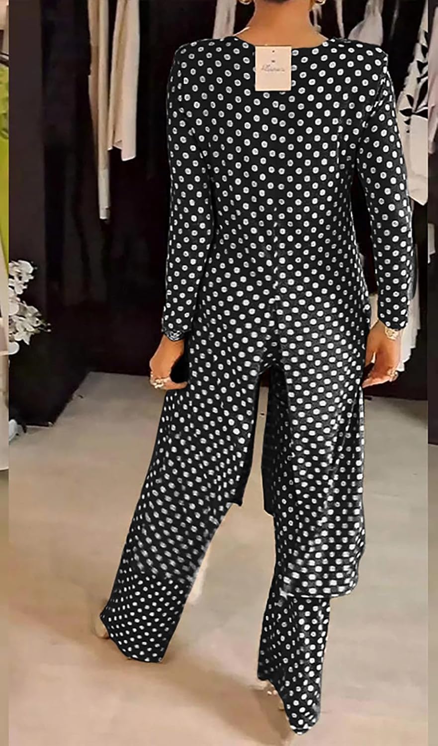 Womens Polka Dot Pant Suit 2 Piece Outfits Fall Long Tunic Tops and Wide Leg Pants Sets Matching Sets Women Clothing