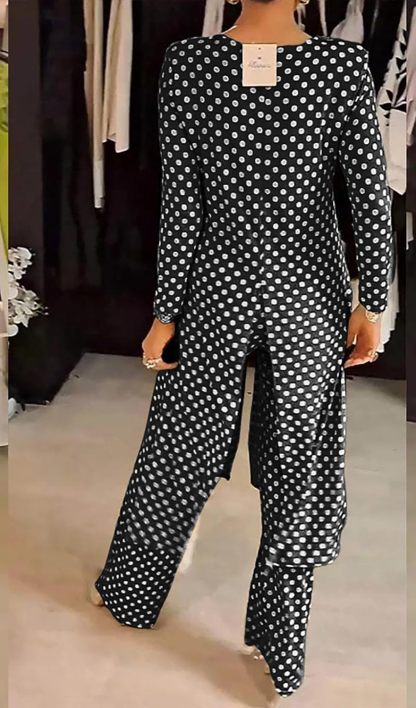 Womens Polka Dot Pant Suit 2 Piece Outfits Fall Long Tunic Tops and Wide Leg Pants Sets Matching Sets Women Clothing