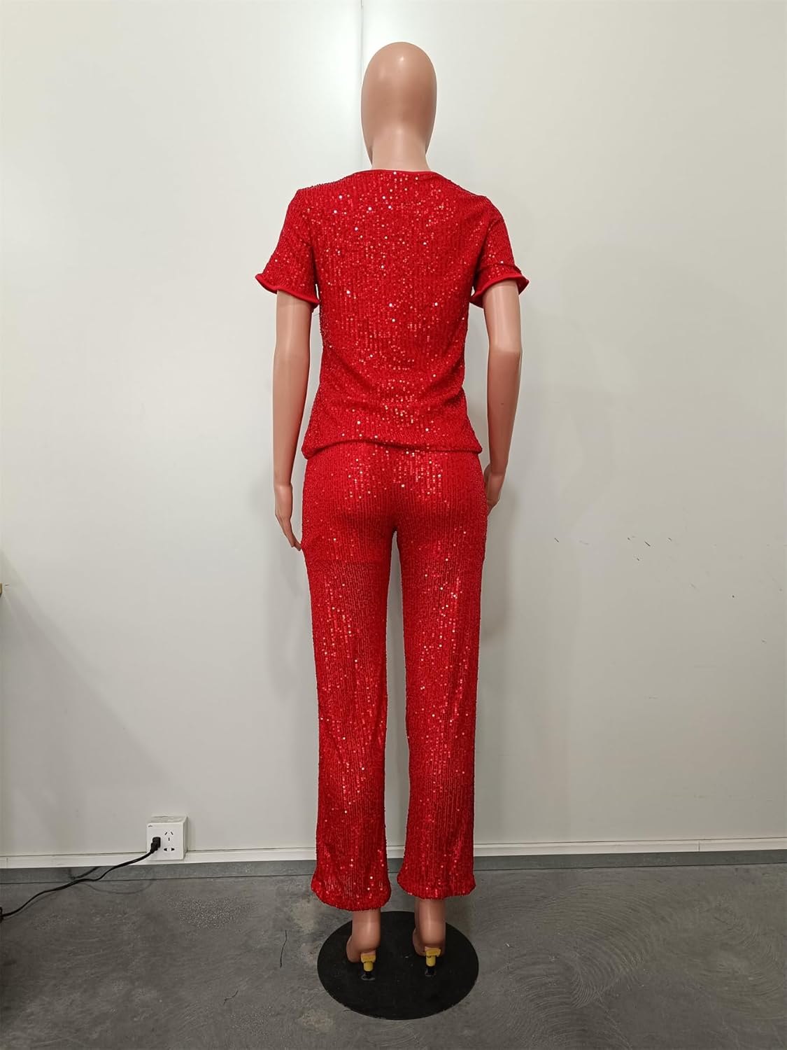 Women's Sparkling Sequin T-shirt and Pants Set Round Neck Short Sleeve Top Straight Leg Loose Pants Party Outfit