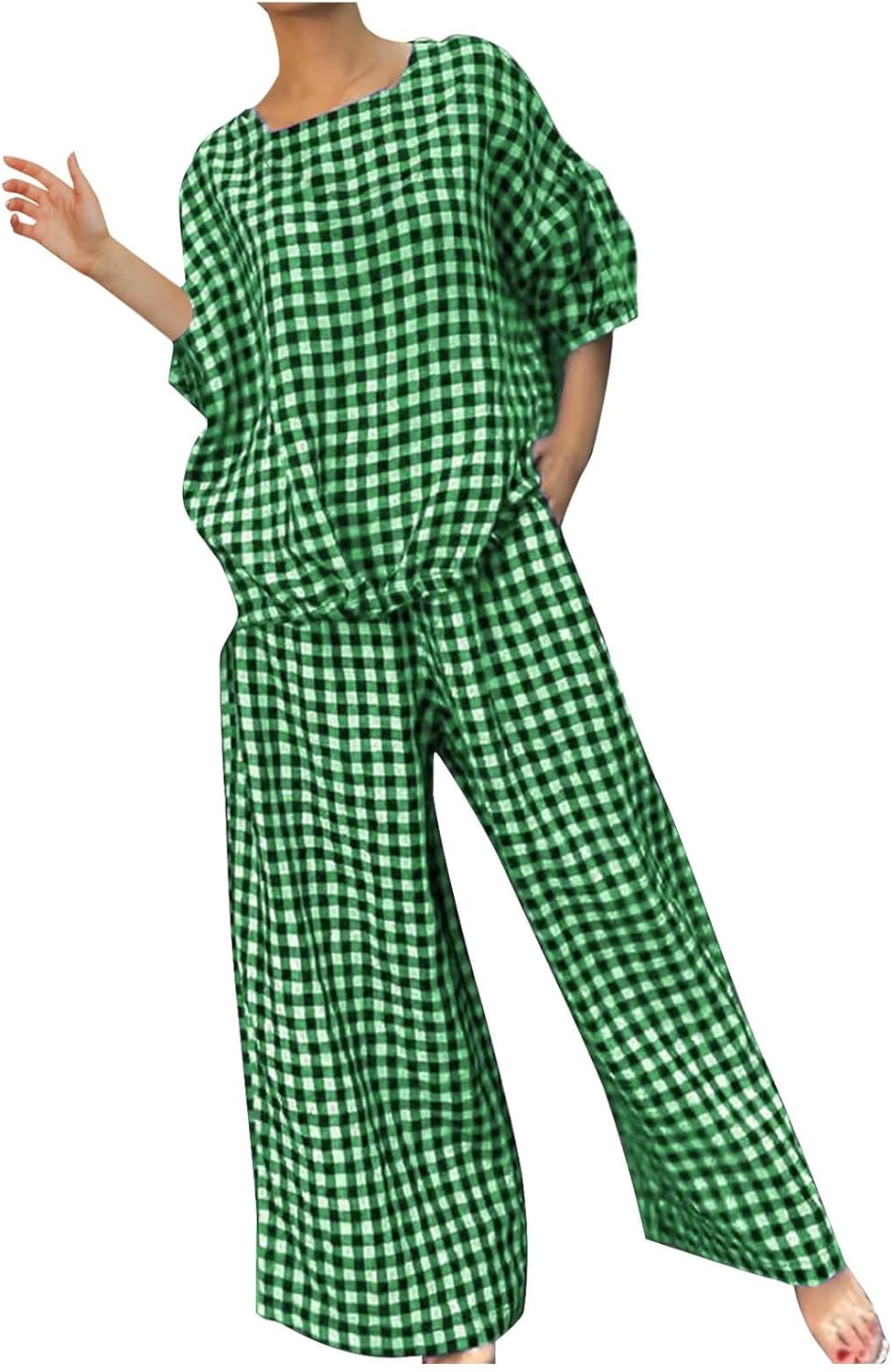 Womens 2 Piece Outfits Crew Neck Half Sleeve Button Back Shirt Tops High Waist Wide Leg Pants Lounge Linen Plaid Sets