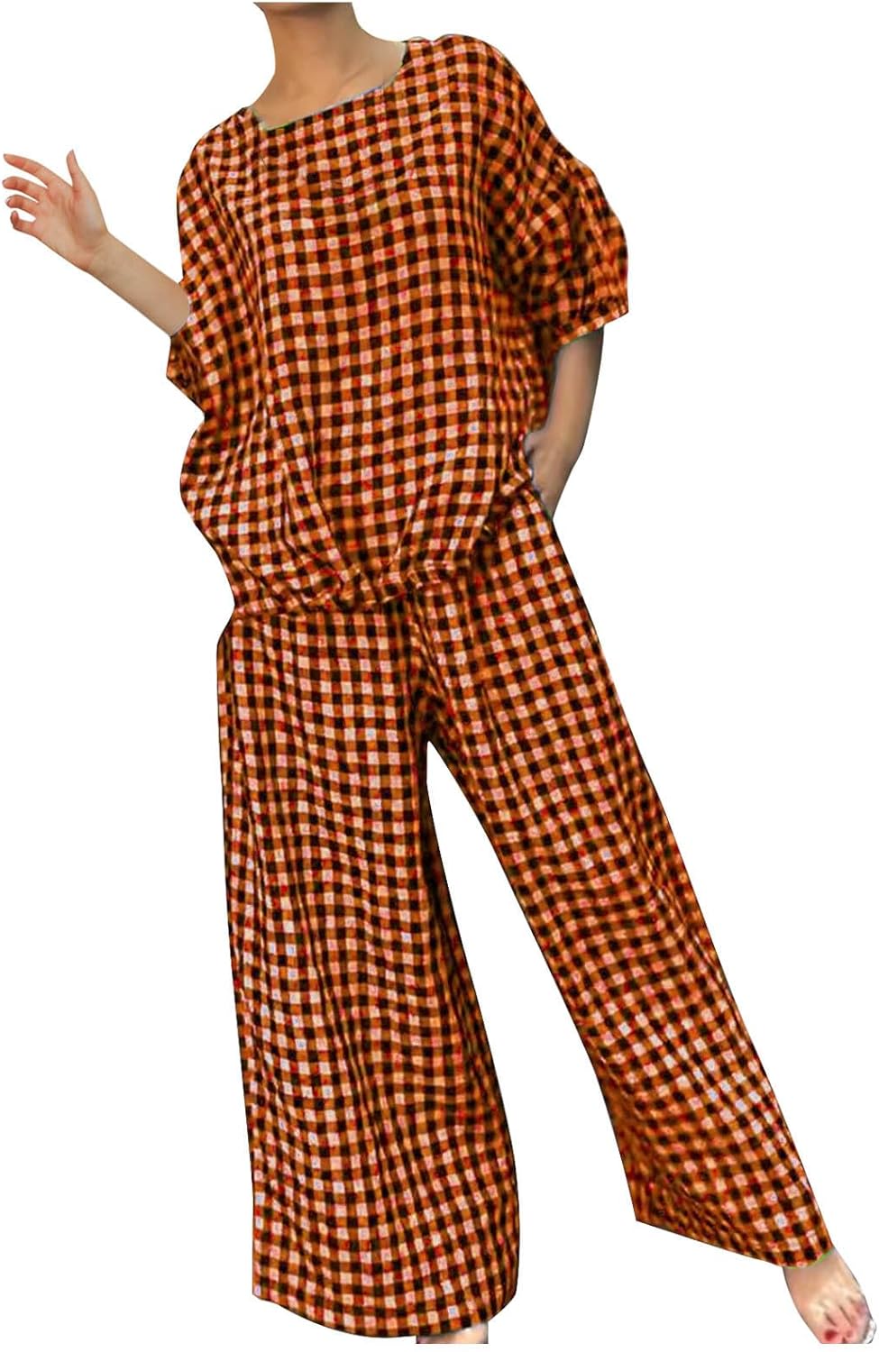 Womens 2 Piece Outfits Crew Neck Half Sleeve Button Back Shirt Tops High Waist Wide Leg Pants Lounge Linen Plaid Sets