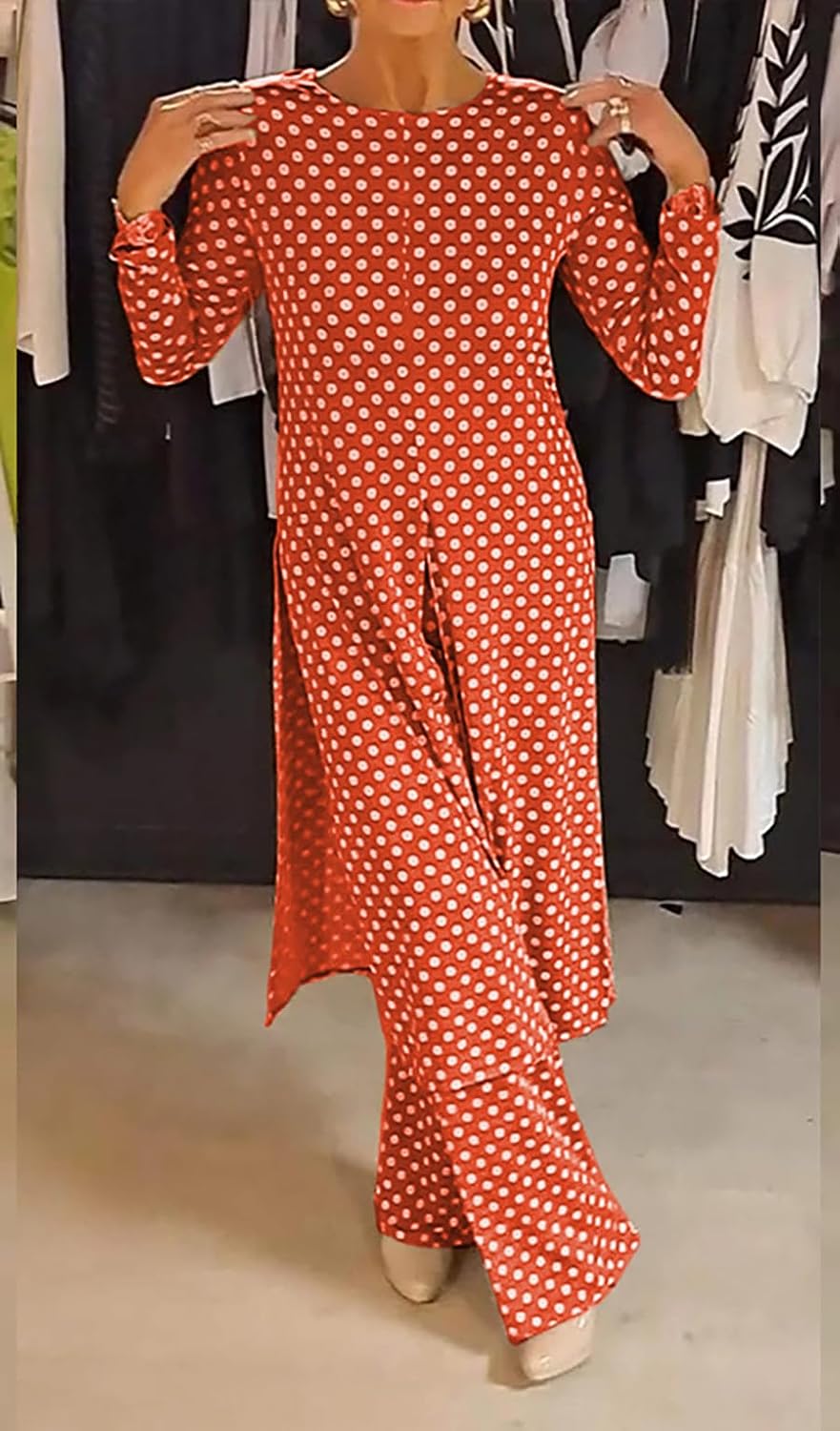 Womens Polka Dot Pant Suit 2 Piece Outfits Fall Long Tunic Tops and Wide Leg Pants Sets Matching Sets Women Clothing