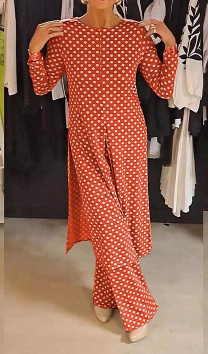 Womens Polka Dot Pant Suit 2 Piece Outfits Fall Long Tunic Tops and Wide Leg Pants Sets Matching Sets Women Clothing