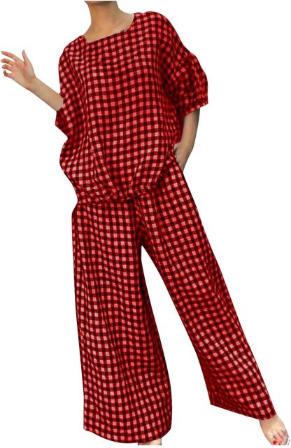 Womens 2 Piece Outfits Crew Neck Half Sleeve Button Back Shirt Tops High Waist Wide Leg Pants Lounge Linen Plaid Sets