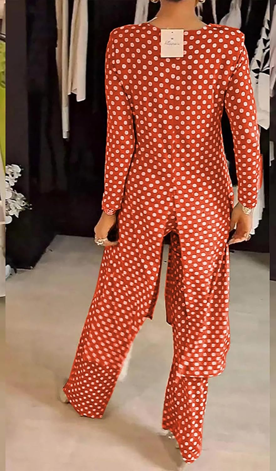 Womens Polka Dot Pant Suit 2 Piece Outfits Fall Long Tunic Tops and Wide Leg Pants Sets Matching Sets Women Clothing