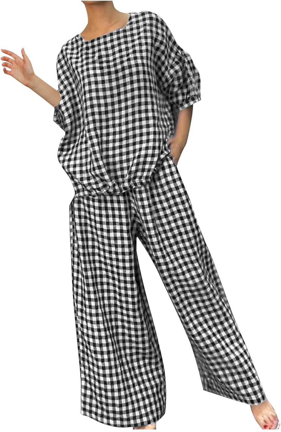 Womens 2 Piece Outfits Crew Neck Half Sleeve Button Back Shirt Tops High Waist Wide Leg Pants Lounge Linen Plaid Sets