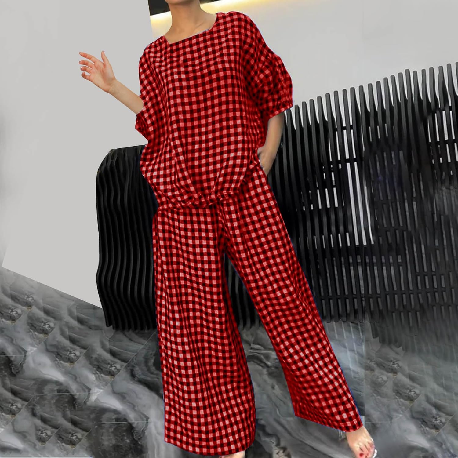 Womens 2 Piece Outfits Crew Neck Half Sleeve Button Back Shirt Tops High Waist Wide Leg Pants Lounge Linen Plaid Sets