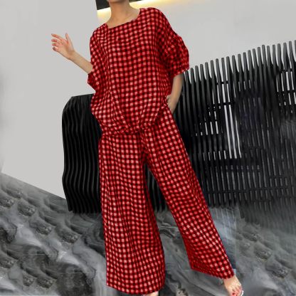 Womens 2 Piece Outfits Crew Neck Half Sleeve Button Back Shirt Tops High Waist Wide Leg Pants Lounge Linen Plaid Sets