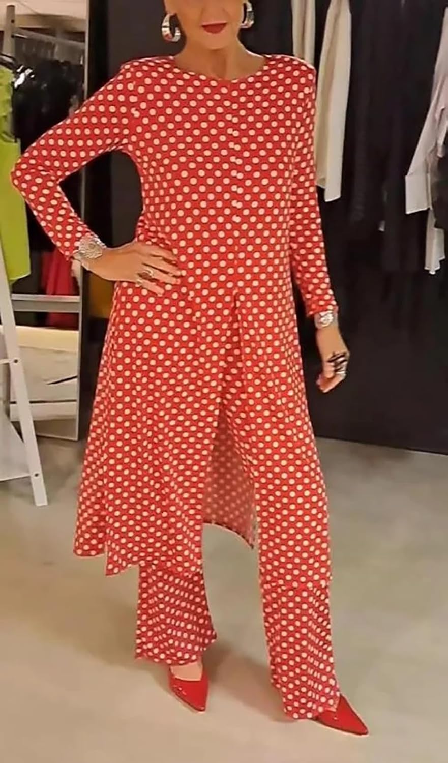 Womens Polka Dot Pant Suit 2 Piece Outfits Fall Long Tunic Tops and Wide Leg Pants Sets Matching Sets Women Clothing