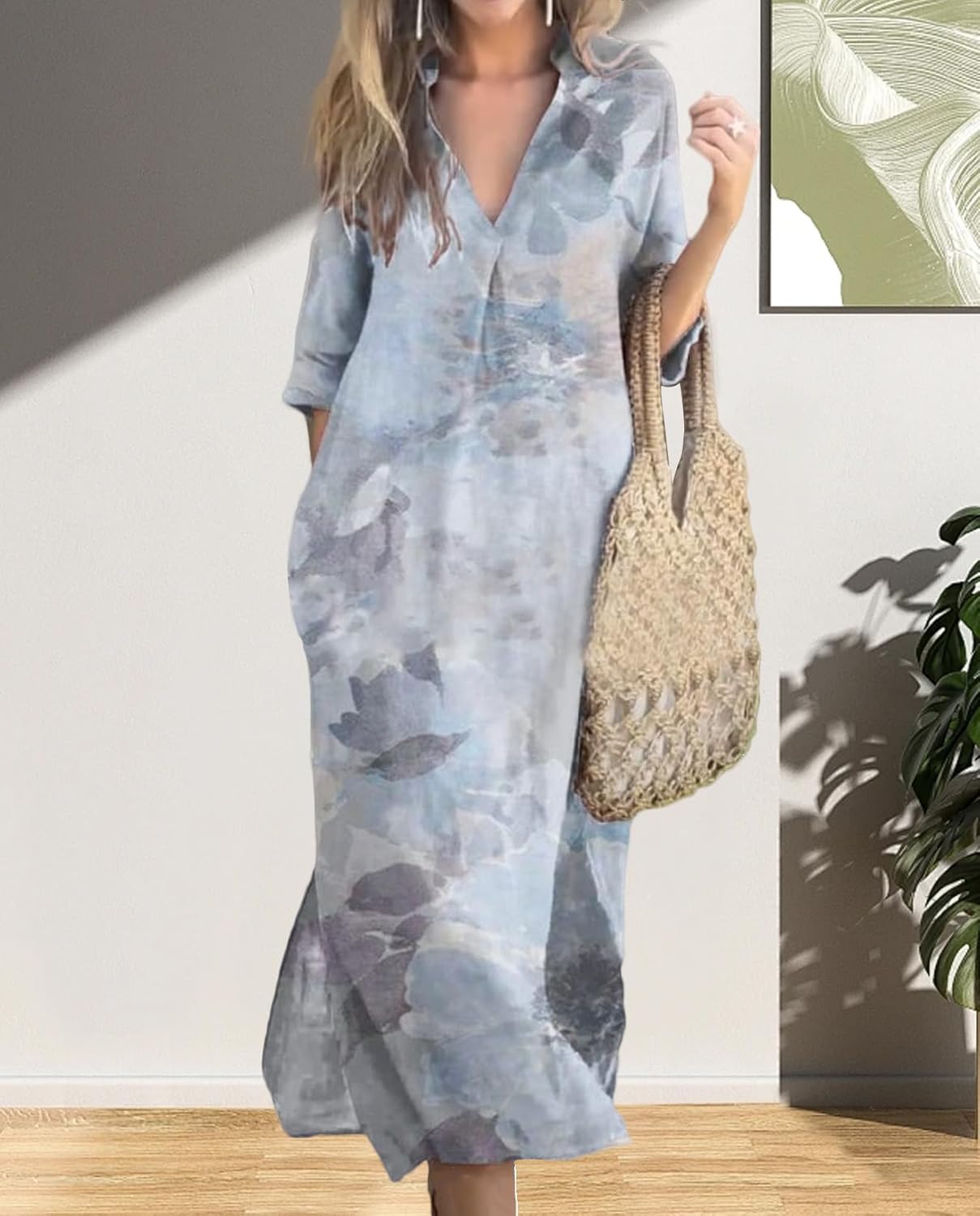 Womens Summer Floral V Neck Maxi Dress 3/4 Sleeve Casual Loose Flowy Long Dress with Pockets