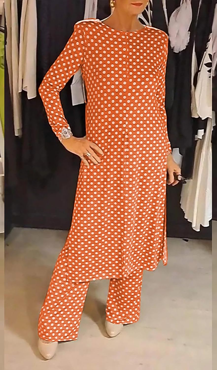 Womens Polka Dot Pant Suit 2 Piece Outfits Fall Long Tunic Tops and Wide Leg Pants Sets Matching Sets Women Clothing