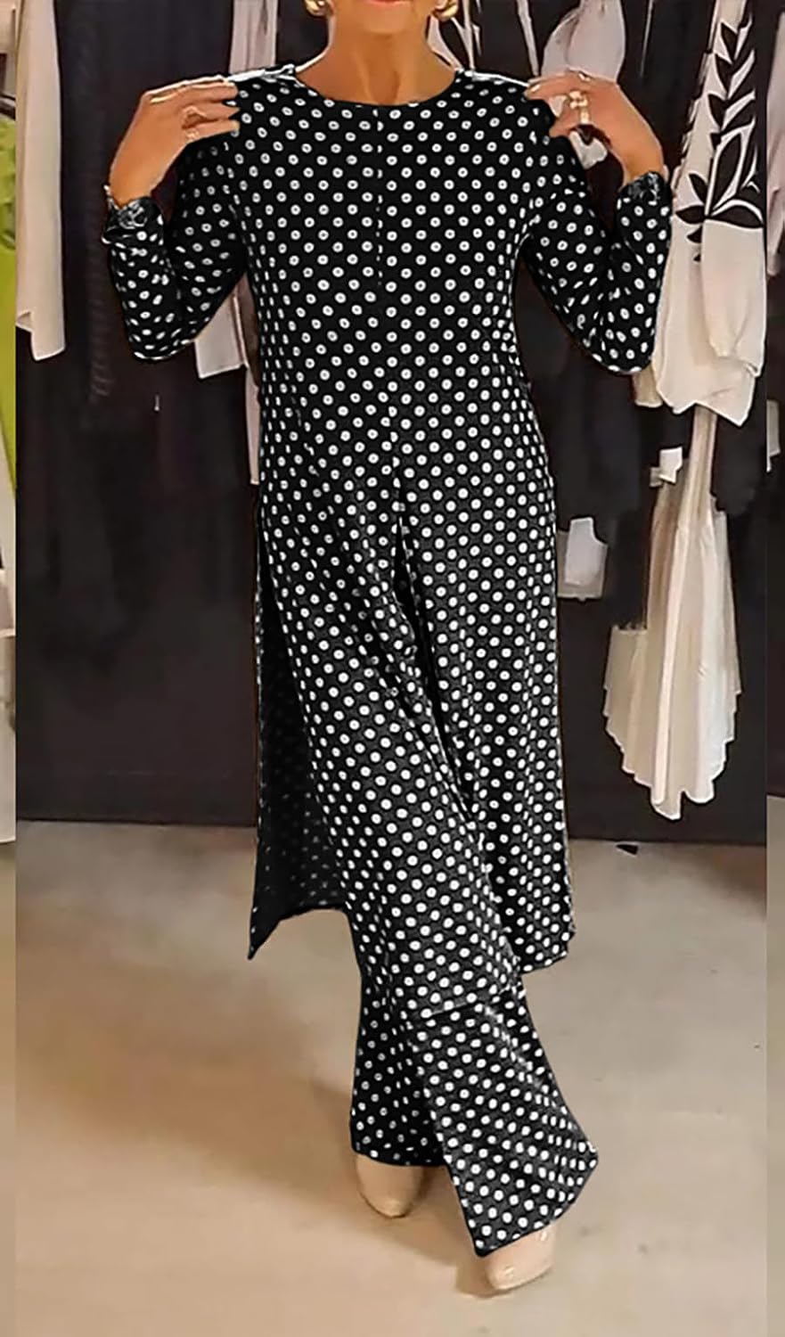 Womens Polka Dot Pant Suit 2 Piece Outfits Fall Long Tunic Tops and Wide Leg Pants Sets Matching Sets Women Clothing